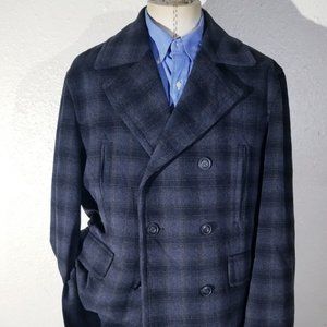 JOSEPH ABBOUD, Mens's double-breasted winter coat, Plaid, Blue/Grey, XL